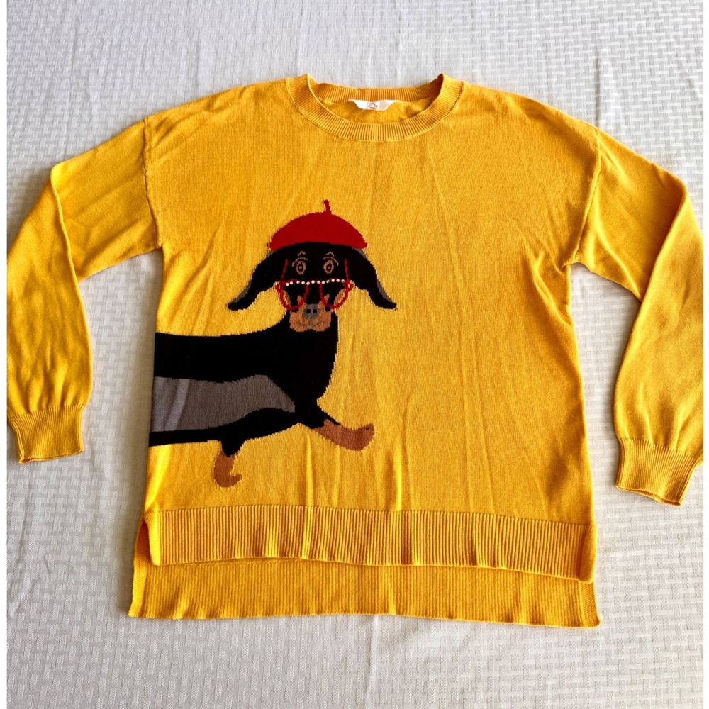 Time and Tru Womens Mustard Yellow Dachshund Dog Graphic Sweater M 8-10